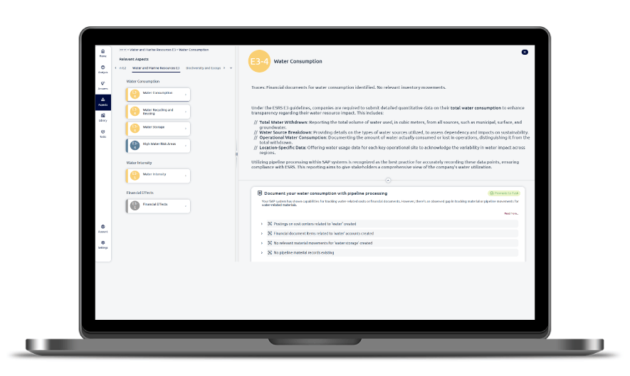 Screenshot zeigt detaillierte Einblicke in die Datenlage pro Berichtsanforderung der ESRS-Standards