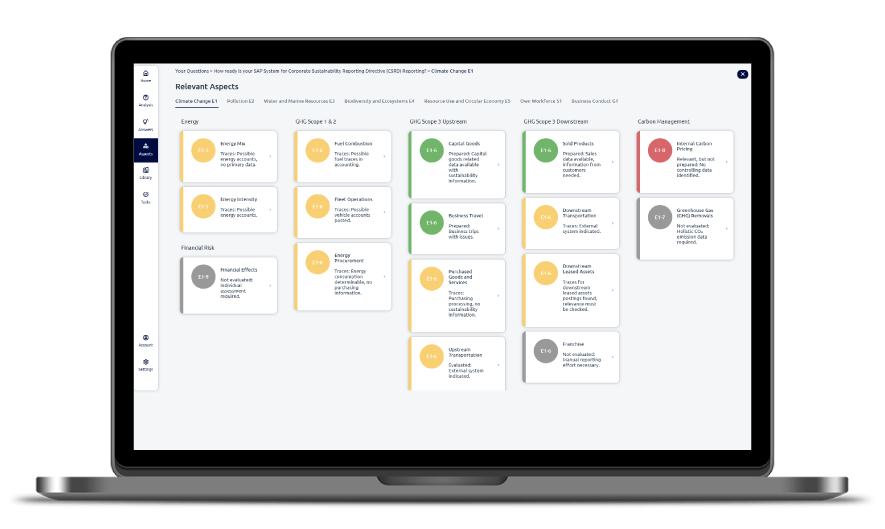 Screenshot zeigt Überblick über die allgemeine Datenverfügbarkeit im SAP ERP-System pro ESRS-Standard